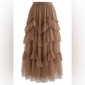 NWOT Chicwish Exquisite Tiered Ruffle Mesh Tulle Skirt in Caramel Size Small